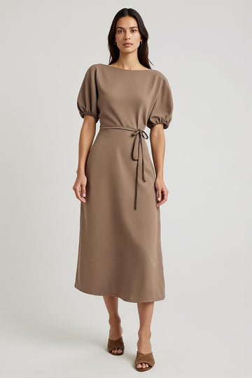 Coffee A Line Midi Wedding Guest Dress with Puff Sleeves